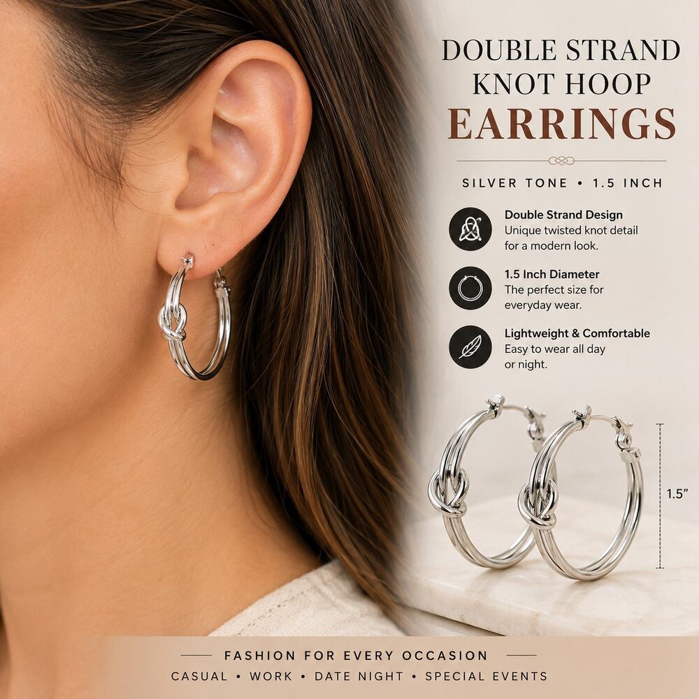 Womens Silver Tone Double Strand Knot Hoop Earrings Twisted Statement Fashion
